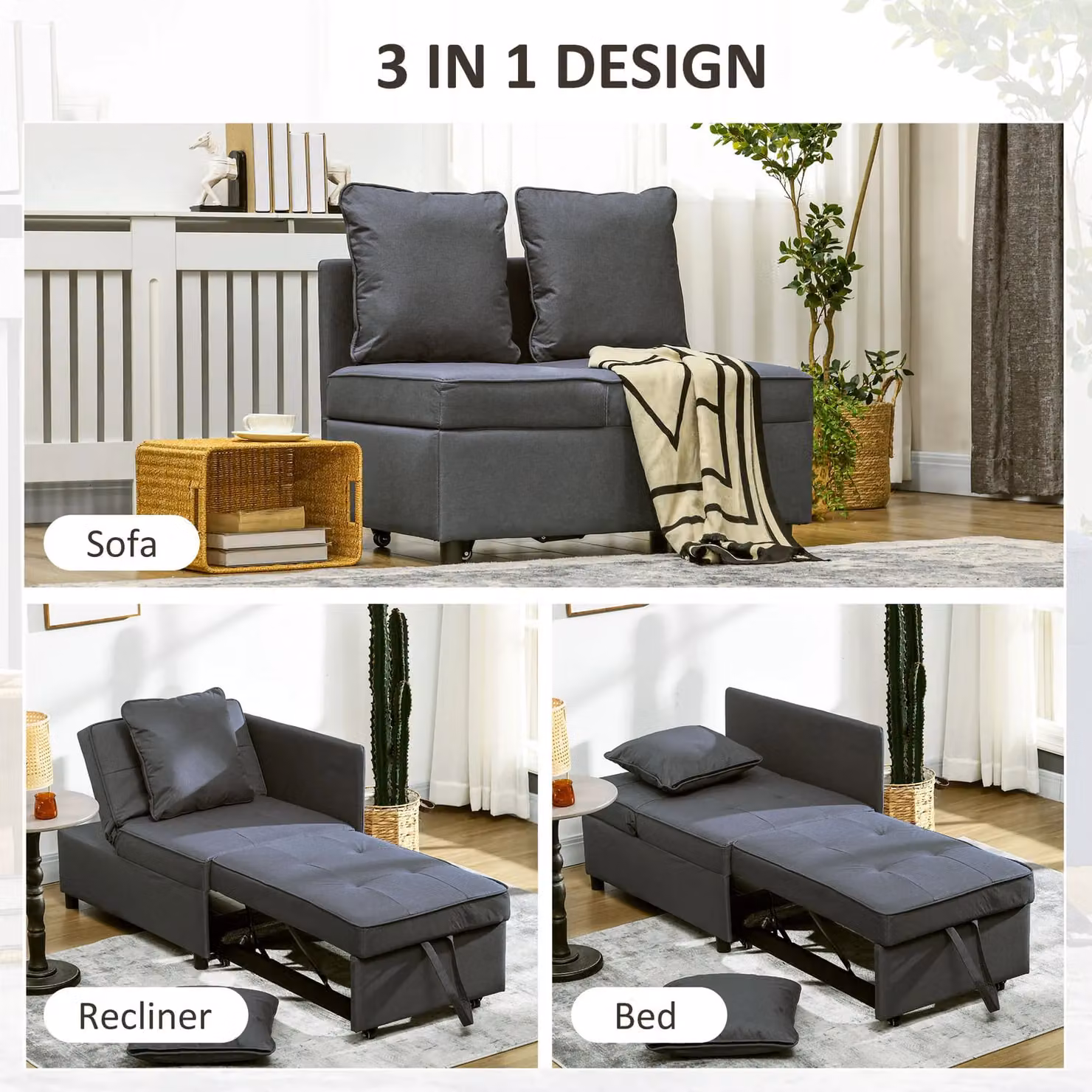 HOMCOM Grey Fabric Folding Sleeper Sofa Bed Chair with Pillows – 4