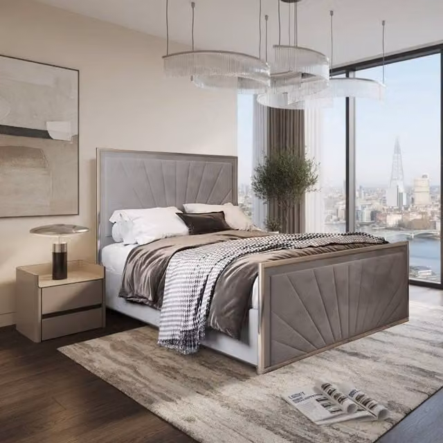 KDMD Thornhill Modern Grey Velvet Upholstered Metal Designer Bed Frame, W/D/H: 180 x 137 x 189 cm