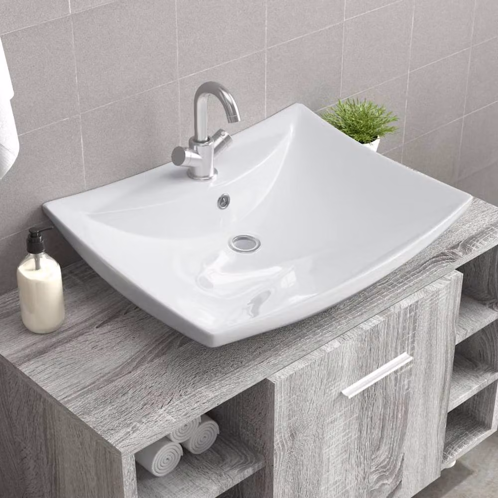 Berkfield Home Luxury Rectangular Ceramic Countertop Basin with Overflow in White W/D/H: 60 x 44 x 17 cm – 2