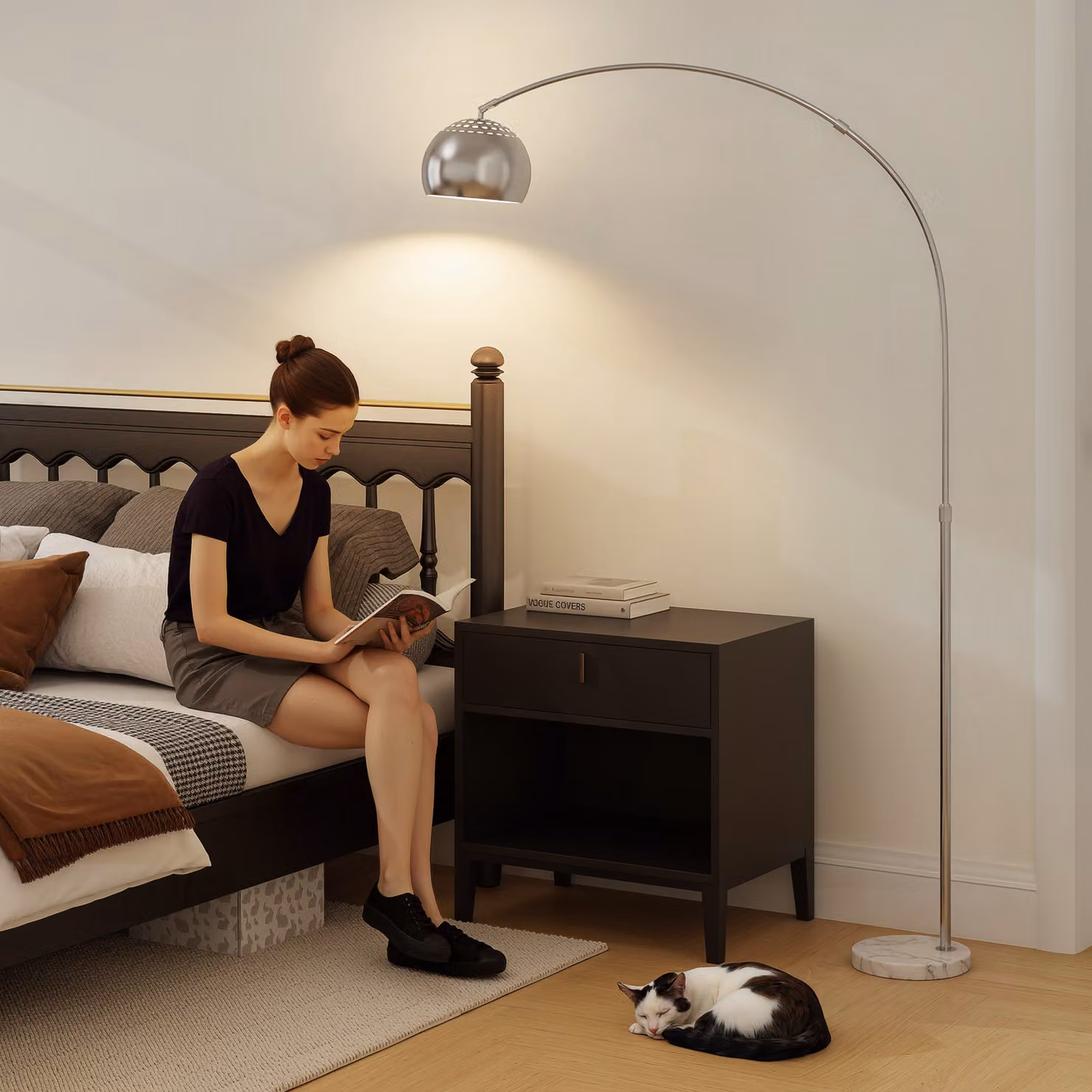 HOMCOM Modern Adjustable Arc Floor Lamp with Silver Tone Metal Finish and Black Faux Marble Base – 5