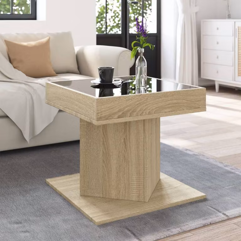 Berkfield Home LED Coffee Table in Sonoma Oak, Light Brown, W/D/H: 50 x 50 x 45 cm