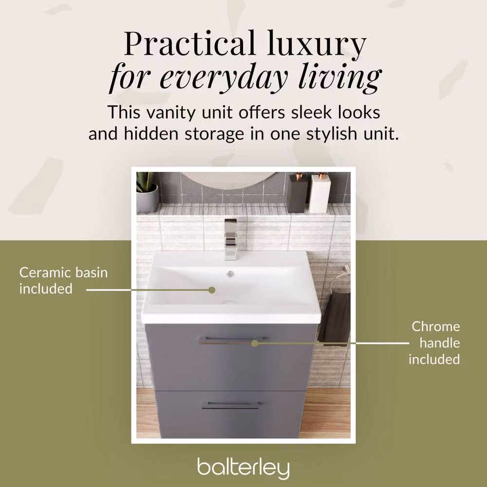 Balterley Modern Floor Standing Bathroom Vanity Unit with 2 Soft Close Drawers and Mid-Edge Basin, Grey, W/D/H: 61 x 39 x 84 cm – 3