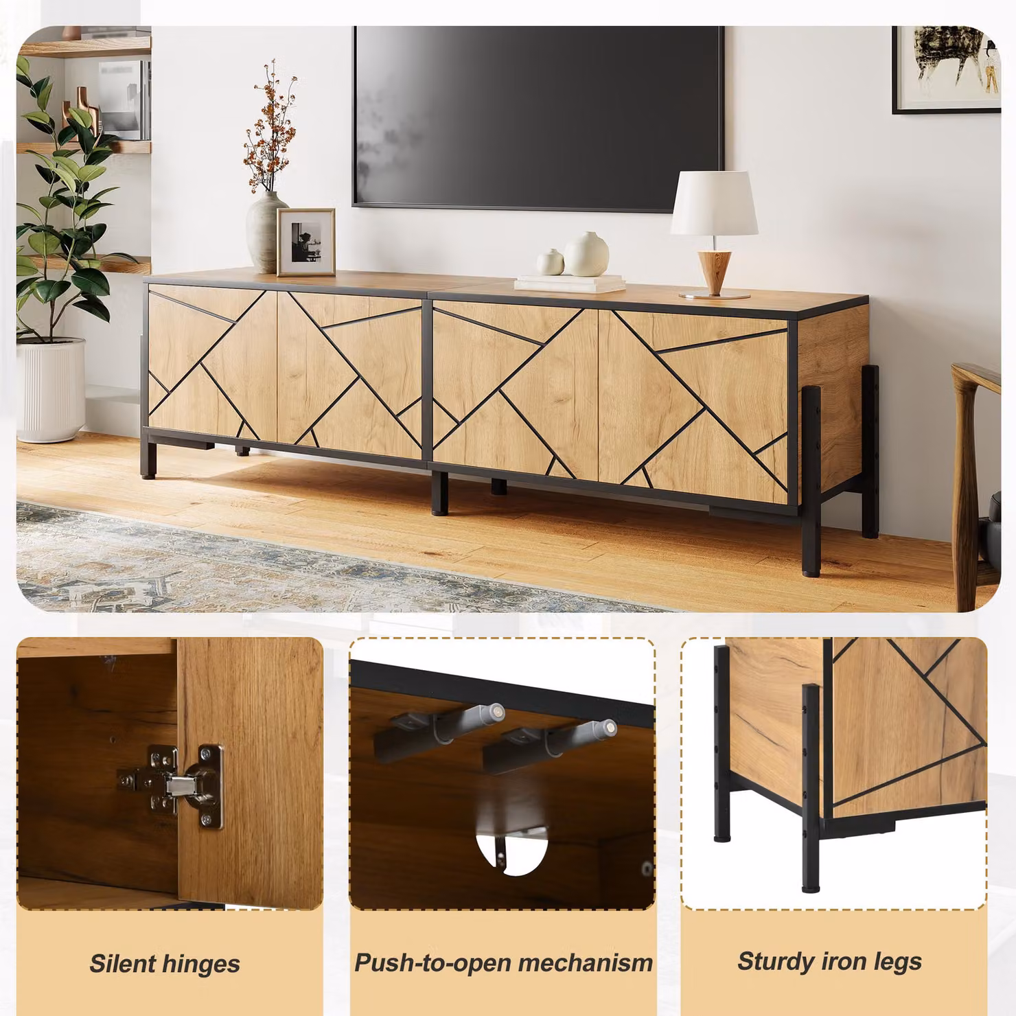 Aosom UK Geometric Wood TV Stand in Rustic Brown with Bold Geometric Doors and Adjustable Shelves, W/D/H: 153 x 40 x 50 cm – 4