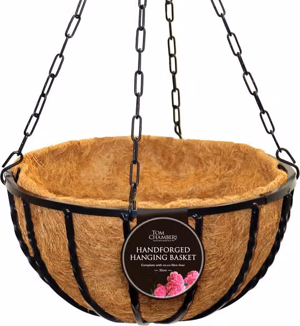 Tom Chambers Heavy Duty Black Metal Twisted Bar Hanging Basket with Liner, Diameter: 40 cm