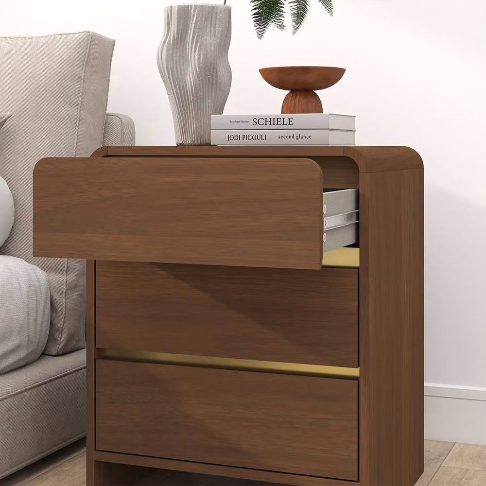 Melody Maison Meridian Walnut 3 Drawer Bedside Table in Brown and Gold – 2