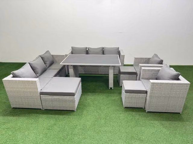 Fimous 11 Seater Outdoor Dining Set with 3 Seater Sofa, 3 Stools and Dining Table in Light Grey