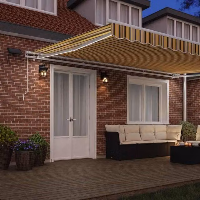 Berkfield Home Manual Retractable Folding Arm Awning with Multicolour LED Striped Polyester Fabric, W: 500 cm, D: 300 cm – 1