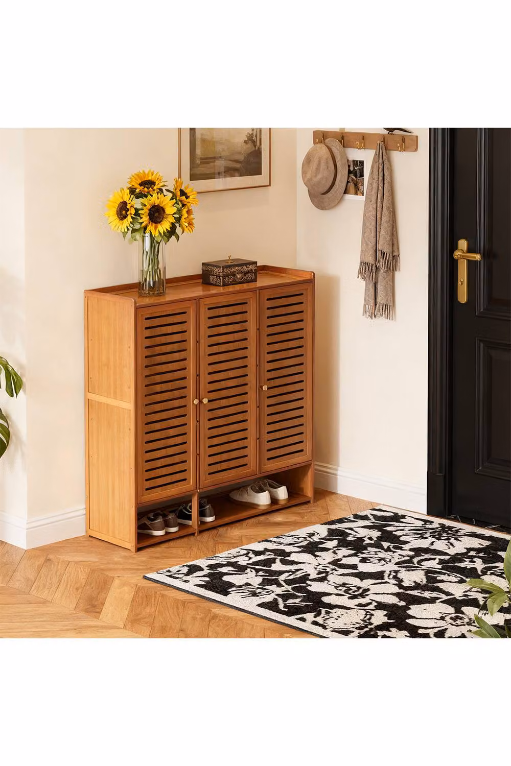 H&O Direct Modern Brown Bamboo Shoe Storage Cabinet with 3 Hinged Doors and Internal Shelves – 2