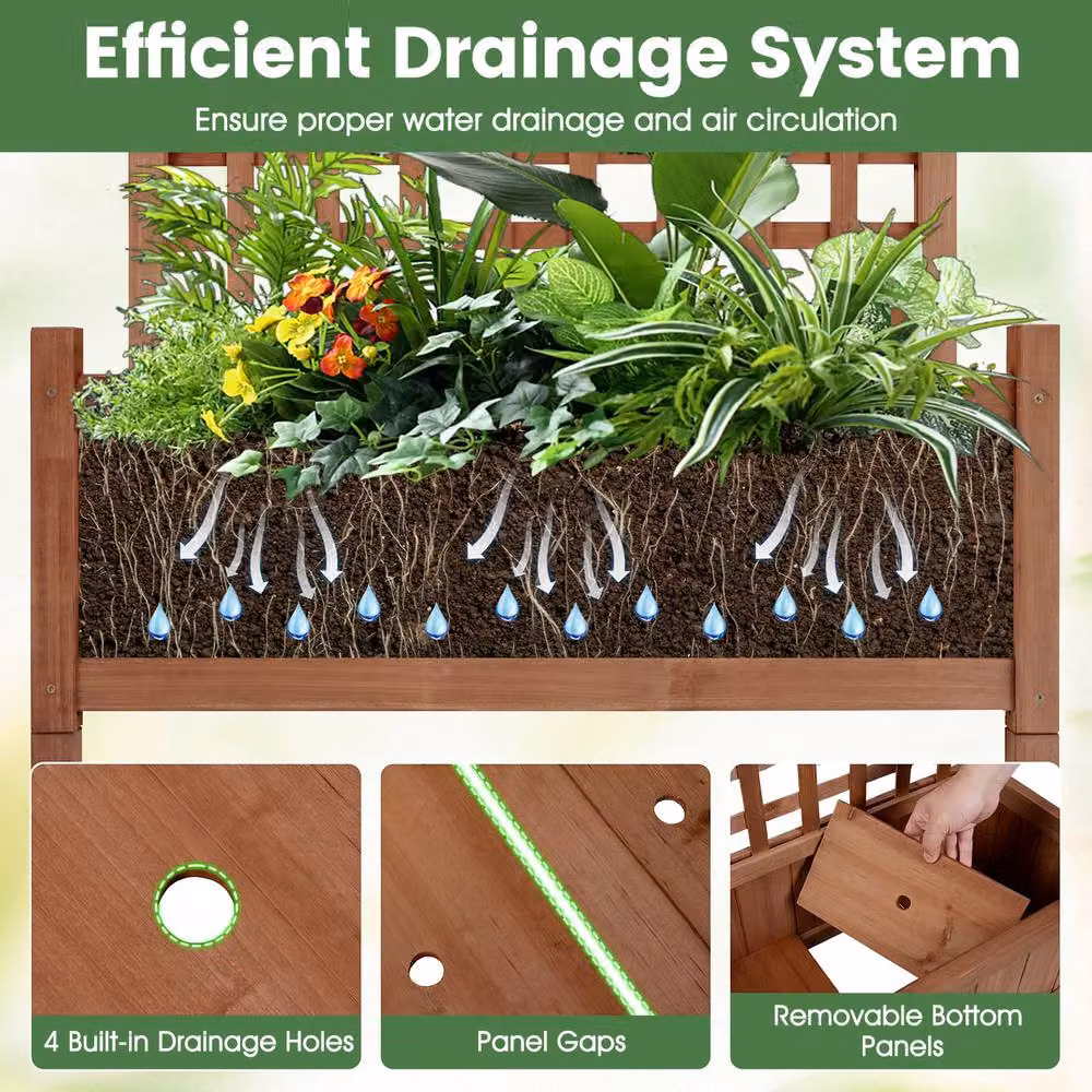 Costway Brown Wooden Raised Garden Bed with Hanging Roof and Trellis Fir Wood Planter Box – 7