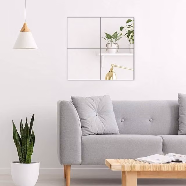 Livingandhome Set of 4 Square Acrylic Adhesive Wall Mirror Tiles, White, 30 x 30 cm