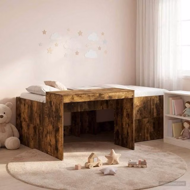 Berkfield Home Kids High Bed Frame with Desk in Smoked Oak Brown, W: 75 cm, L: 190 cm – 1