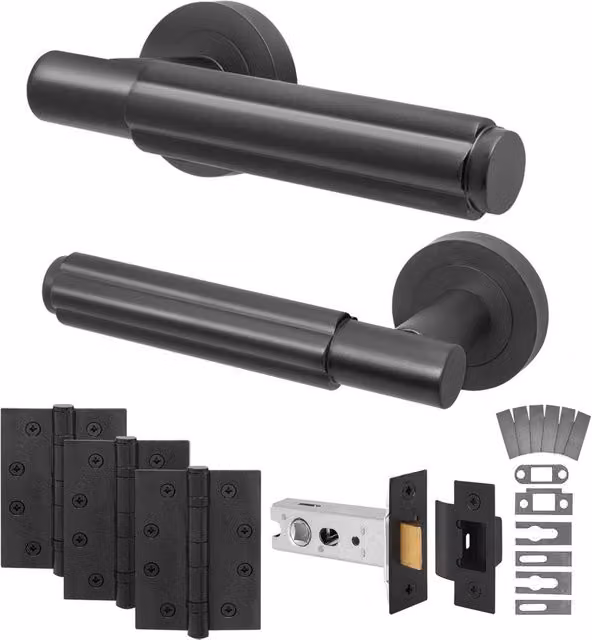 AFIT Matt Black Aluminium Fire Door Handle Latch Set with Hinges and Screws, W/D/H: 15 x 15 cm – 1