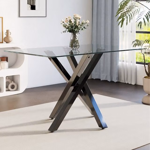 Komore Modern Rectangular Tempered Glass Coffee Table with Black Metal X-Frame Legs