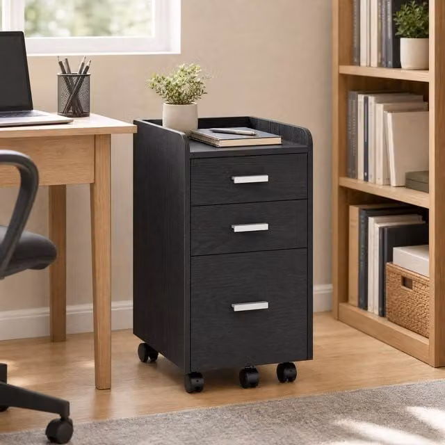 STILVORA 3 Drawer Filing Cabinet with Castors, Black – 1