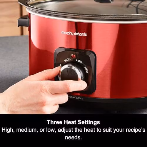 Morphy Richards Accents 6.5L Sear & Stew Slow Cooker in Red with Non-Stick Aluminium Pot and Glass Lid – 3