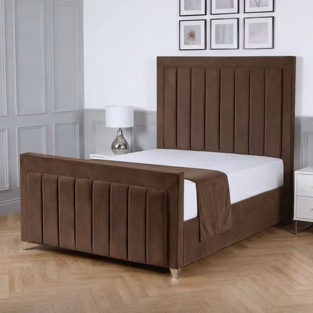 Living Comfort Bedz Elara Brown Velvet Upholstered Gas Lift Storage Bed with 48 Inch Headboard, Small Double – 1