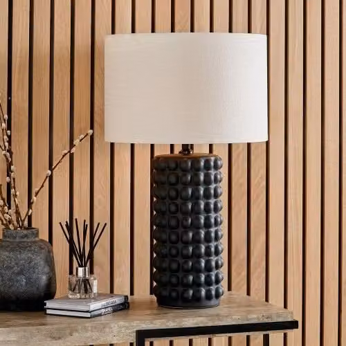 Ruma Bobbled Ceramic Tall Table Lamp with Black Fabric Drum Shade – 1