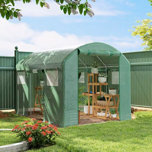 Outsunny Green Polytunnel Greenhouse with 3 Roll-up Doors