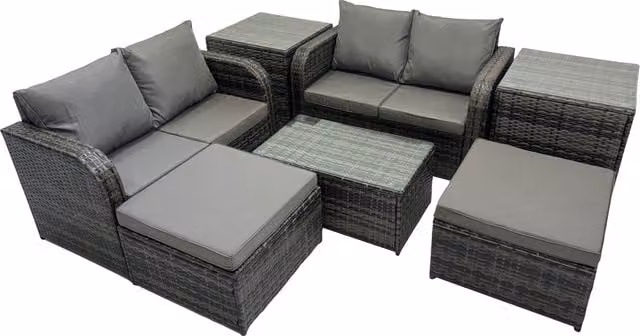 Fimous 6 Seater Outdoor Rattan Furniture Set in Dark Grey with 2 Seater Sofa, Coffee Table and Ottoman