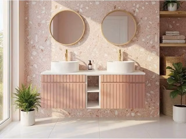 Vente-unique Striped Wall Mounted Bathroom Vanity Unit with Niches and Double Round Doors in Pink and White – 1