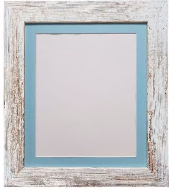 Frames & Mirrors 4U Metro Rectangular Picture Frame in Distressed White with Blue Mount for 9 x 7 Inch Images