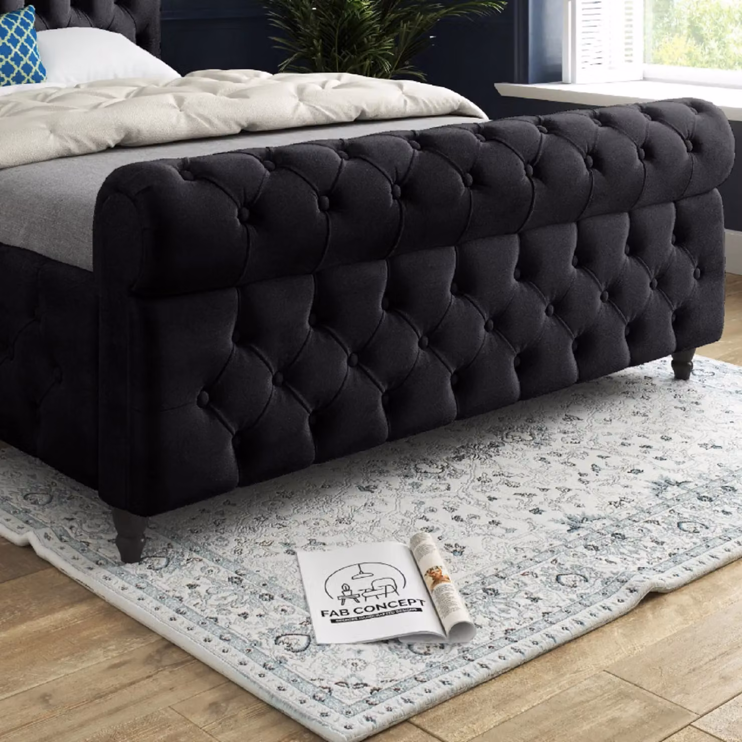 Casani Savana Sleigh Upholstered Velvet Bed Frame in Black, W/D/H: 200 x 189 x 119 cm – 3