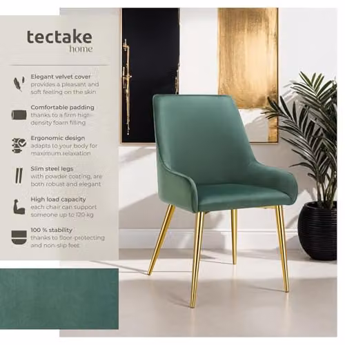 tectake Set of 6 Avane Dining Chairs in Green Velvet Fabric with Gold Metal Legs – 4