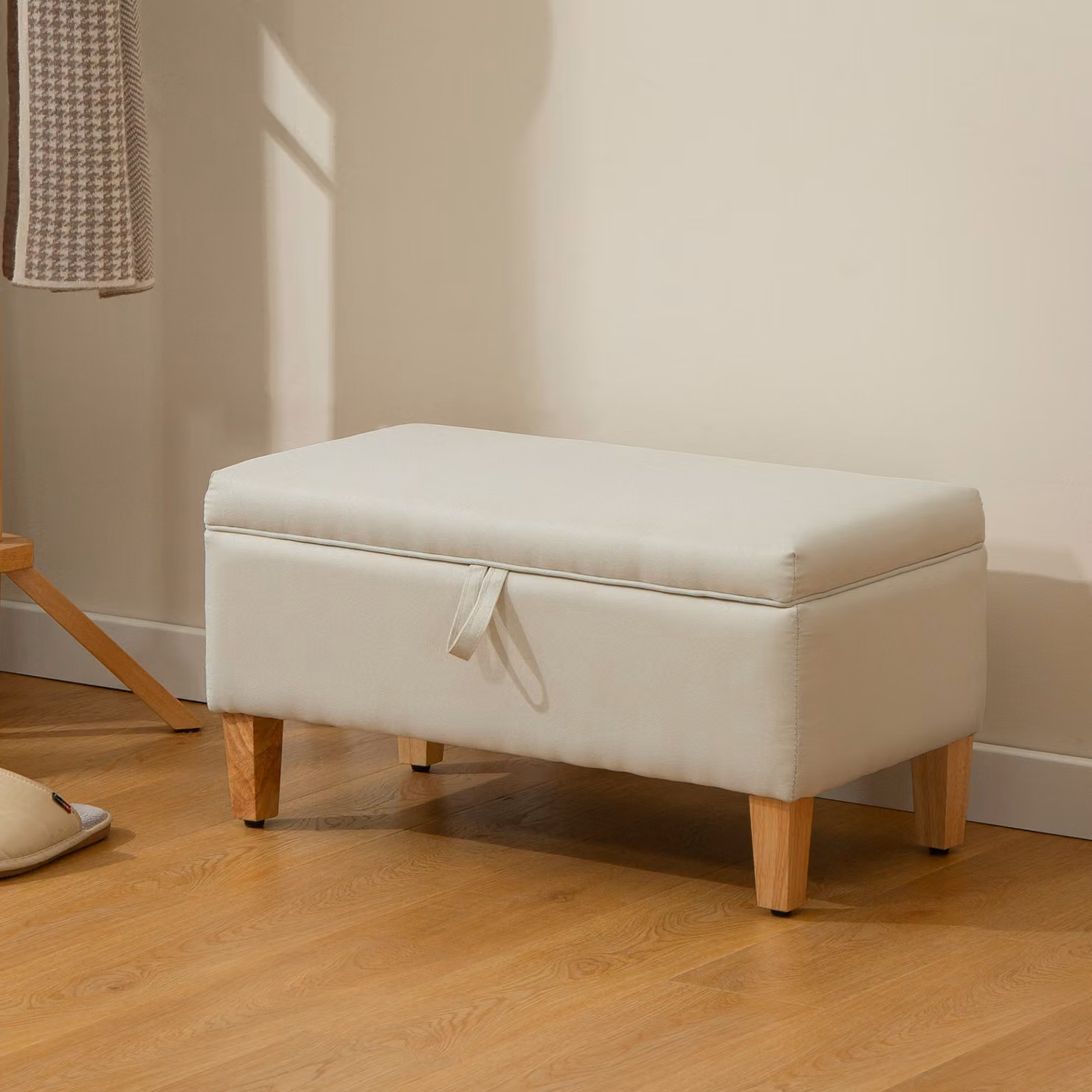 HOMCOM 30L Linen Storage Ottoman in Beige with Rubberwood Legs – 2