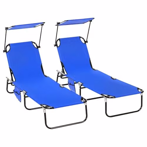 Outsunny 2 Piece Blue Folding Sun Loungers with Sun Canopy and Adjustable Headrest