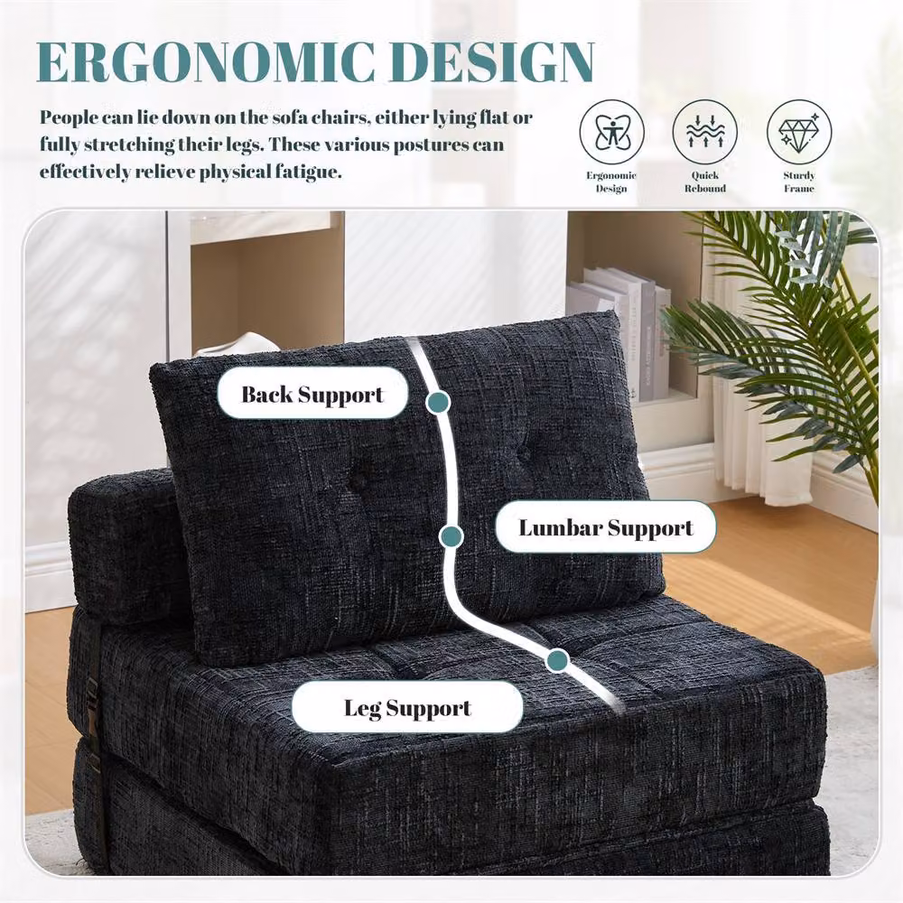 Direct Wicker Black Chenille Tufted Folding Sofa Bed with Pillow and Back Support – 8