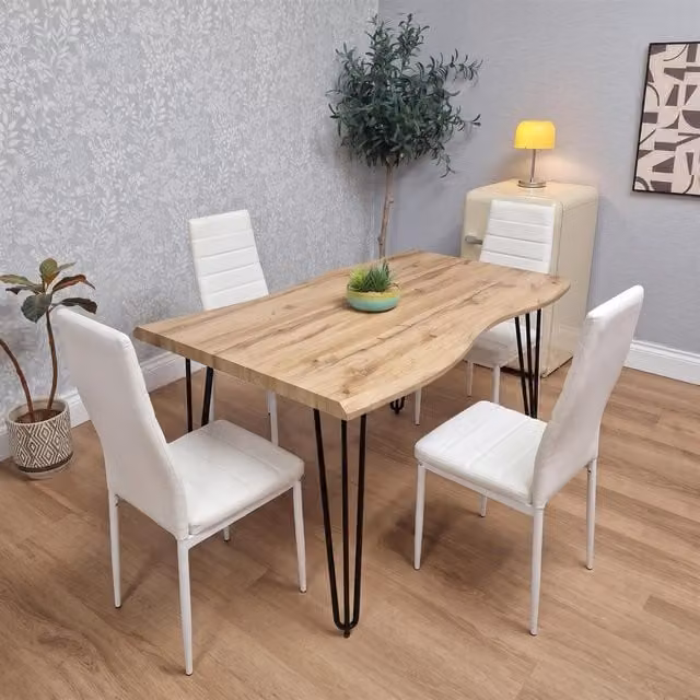 KOSY KOALA Rustic Brown Wood Rectangular Dining Table and 4 White Chairs Set, W/D/H: 77 x 77 x 75 cm