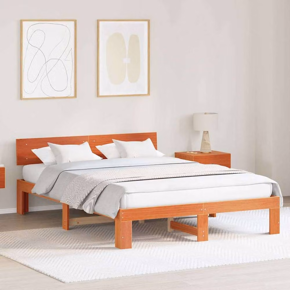 Berkfield Home Solid Pine Wood Bed Frame with Headboard, Wax Brown, W/D/H: 140 x 200 x 66 cm – 2