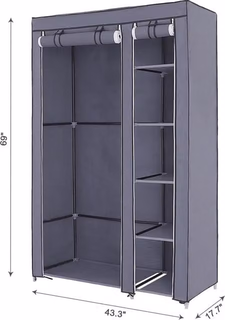 SONGMICS Portable Wardrobe with Hanging Rail and Shelves, Grey