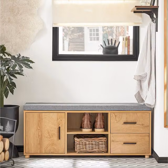 SoBuy Lokshin Upholstered Shoe Storage Bench with Seat and Shelf in Yellow