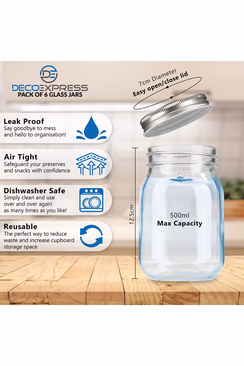 Deco Express Set of 6 Transparent Glass Mason Jars with Airtight Lids, 500ml – 5