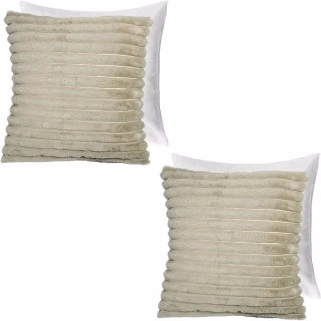 OHS Pack of 2 Sage Green Faux Fur Ribbed Square Filled Cushions