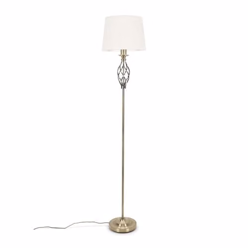 ValueLights Traditional Antique Brass Standing Floor Lamp with White Fabric Lampshade and Included LED Bulb