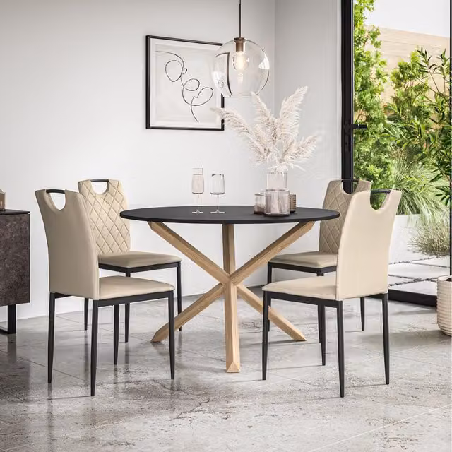 More4Homes Malvern Round Black Dining Table with Oak Legs and 4 Beige Monza Faux Leather Chairs, Diameter: 120 cm, Height: 75 cm