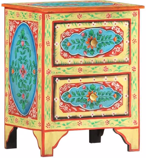 Berkfield Home Hand Painted Floral Bedside Cabinet in Multicolour Solid Mango Wood, W: 40 cm, D: 30 cm, H: 50 cm – 1
