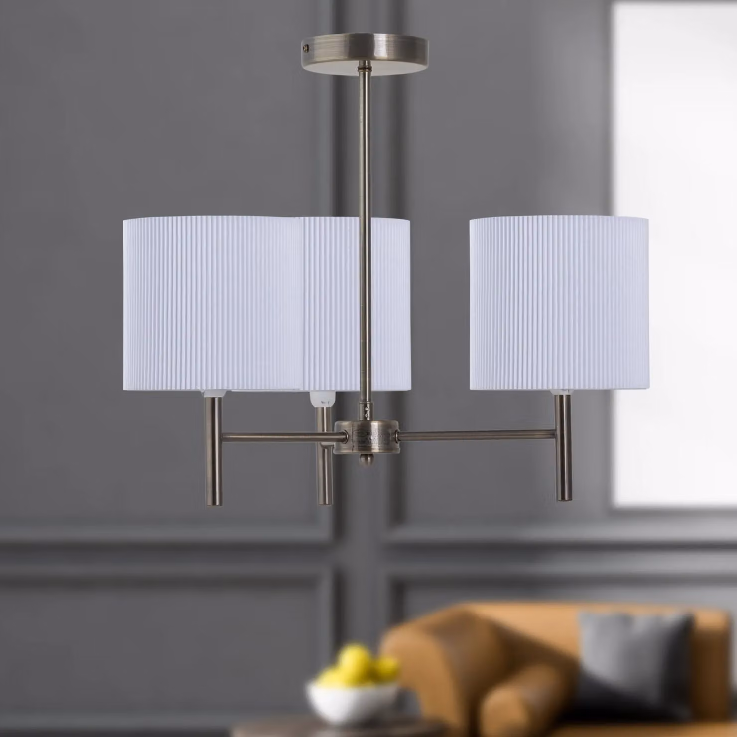 First Choice Lighting Brea Set of 2 Antique Brass Ceiling Light Fittings with White Fabric Pleated Shades in Bronze – 3