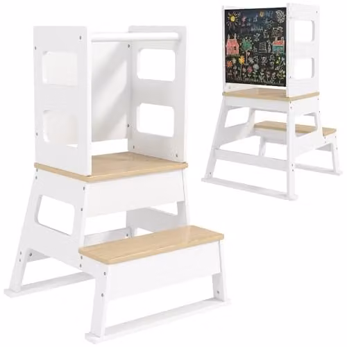 AIYAPLAY 2 in 1 Toddler Tower Step Stool with Chalkboard and Safety Rail, White