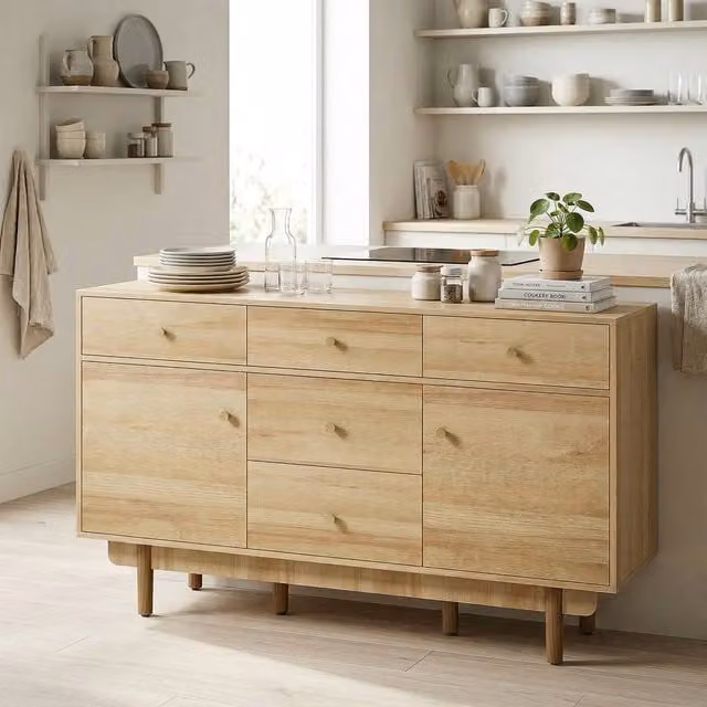 HOMCOM Modern Sideboard with Soft Close Drawers and Wood Legs in Light Oak and Walnut Brown – 1