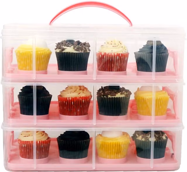 Oypla 3 Tier 36 Cupcake Plastic Carrier Holder with Compartments and Snap Lid, Pink