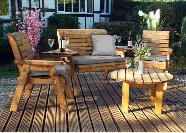 Charles Taylor Four Seat Multi Set with Seat Cushions and Circular Coffee Table in Grey Oiled Wood