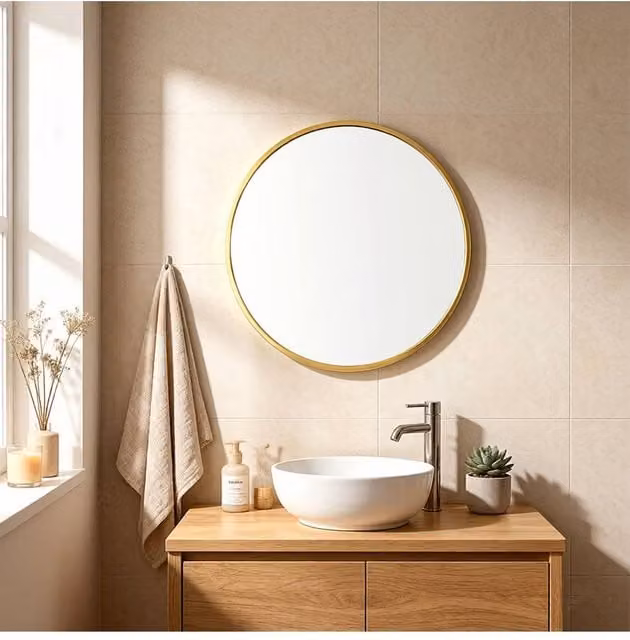 Garden Sanctuary Nordic Round Gold Metal Framed Wall Hanging Bathroom Mirror