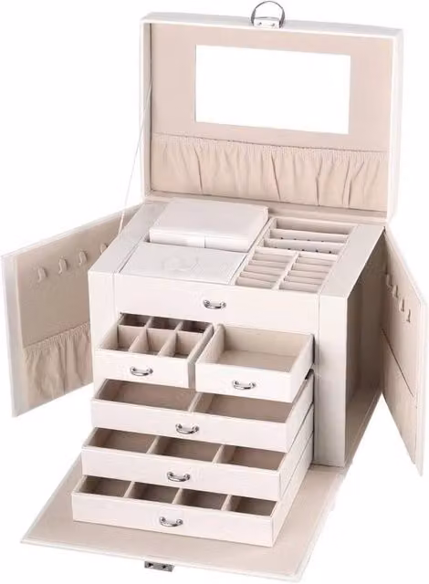 EONLION White Large Capacity Leather and Fabric Jewelry Box for Necklaces, W: 50.0 cm, H: 23.0 cm