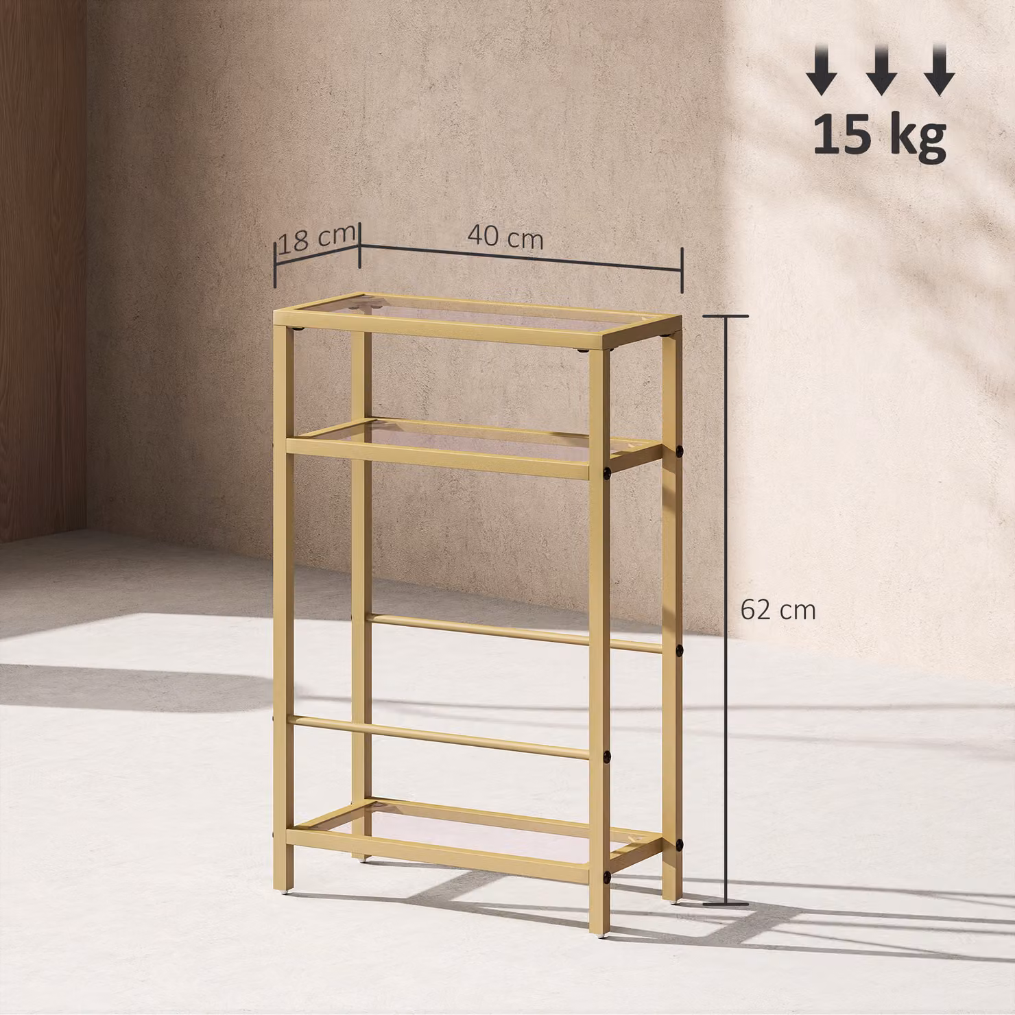 HOMCOM 3-Tier Gold Side Table with Tempered Glass Top and Storage Shelf – 3