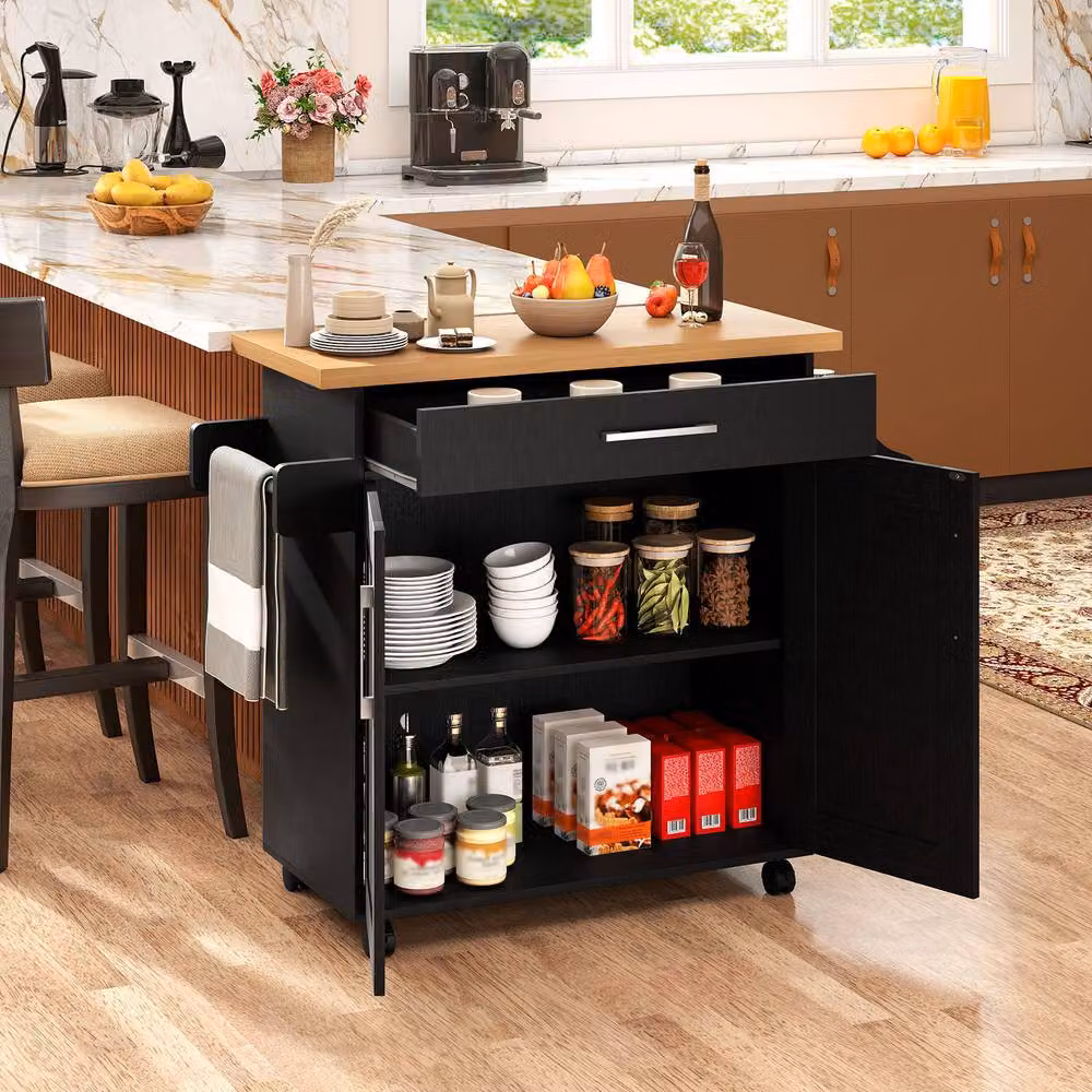 Costway Rolling Kitchen Island Cart with Spice Rack in Black – 7
