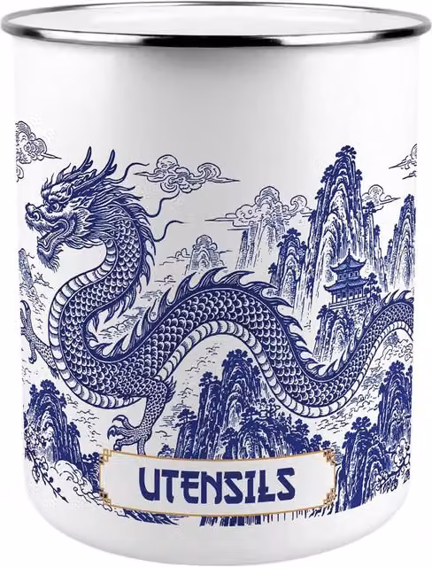 Purely Home Dragon Temple Ceramic Kitchen Utensil Holder in Blue and White