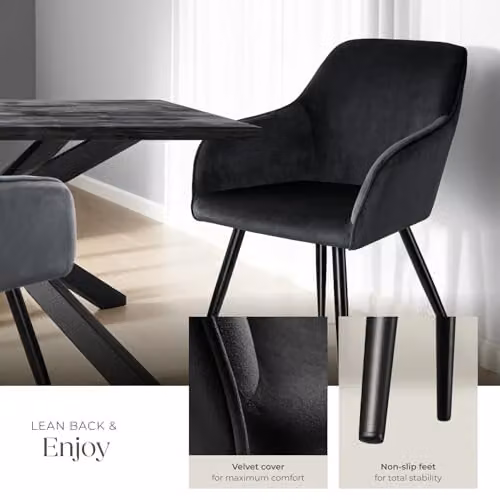 tectake Set of 4 Marilyn Dining Chairs in Black Velvet Look with Armrests and Metal Legs – 5